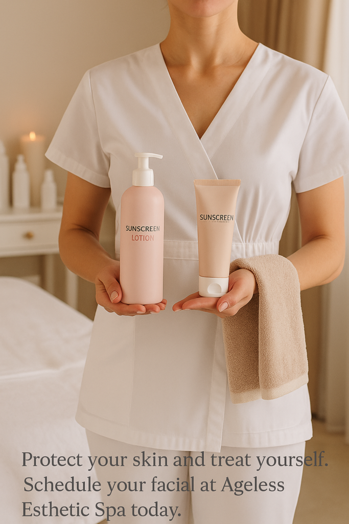 Spa aesthetician holding skincare products with SPF