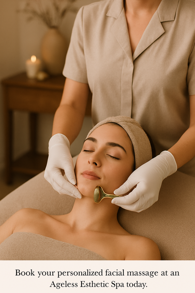 Skincare professional applying facial massage with a roller tool