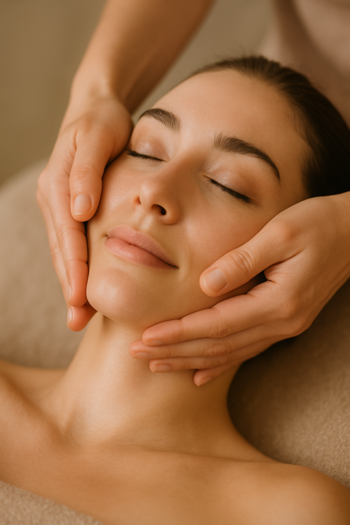 Close-up of hands performing a facial massage technique