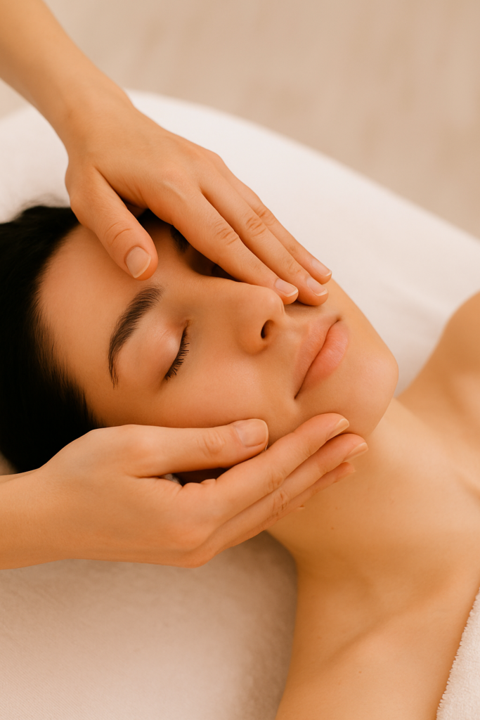 Close-up of hands performing facial lymphatic massage