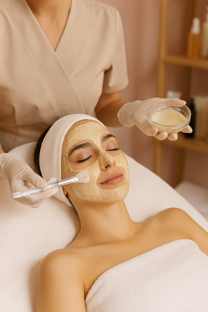Esthetician applying a vitamin-rich facial mask at Ageless Esthetic Spa