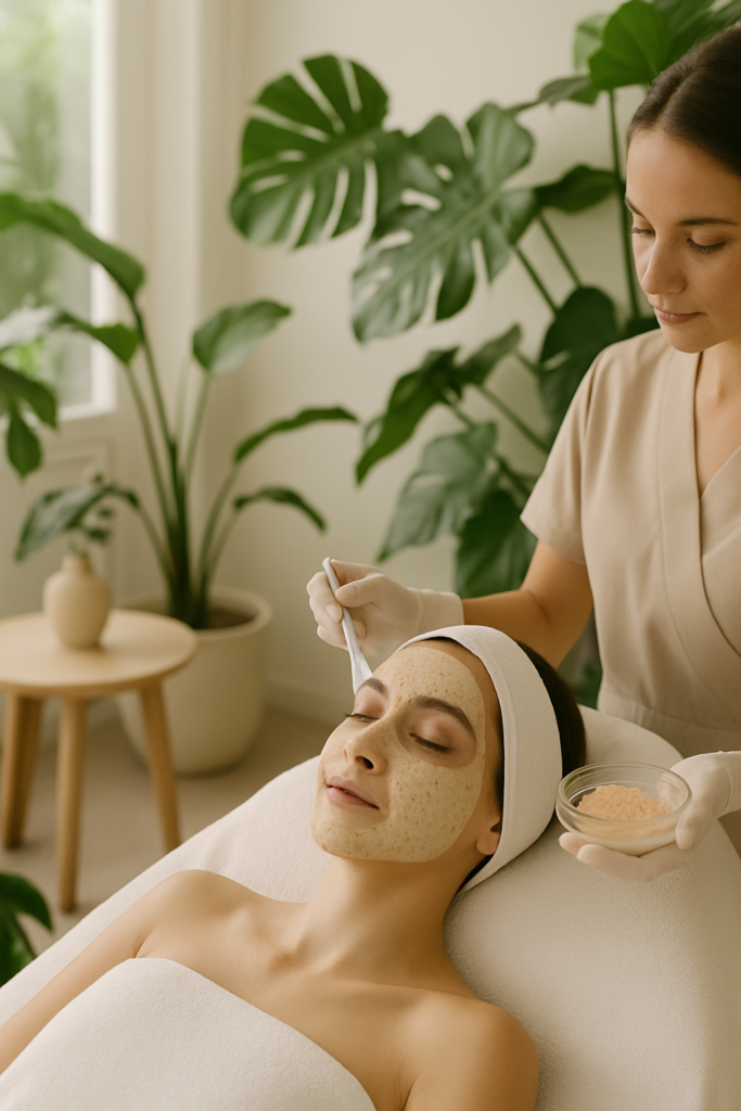 Client relaxing during facial at spa with natural light and plants