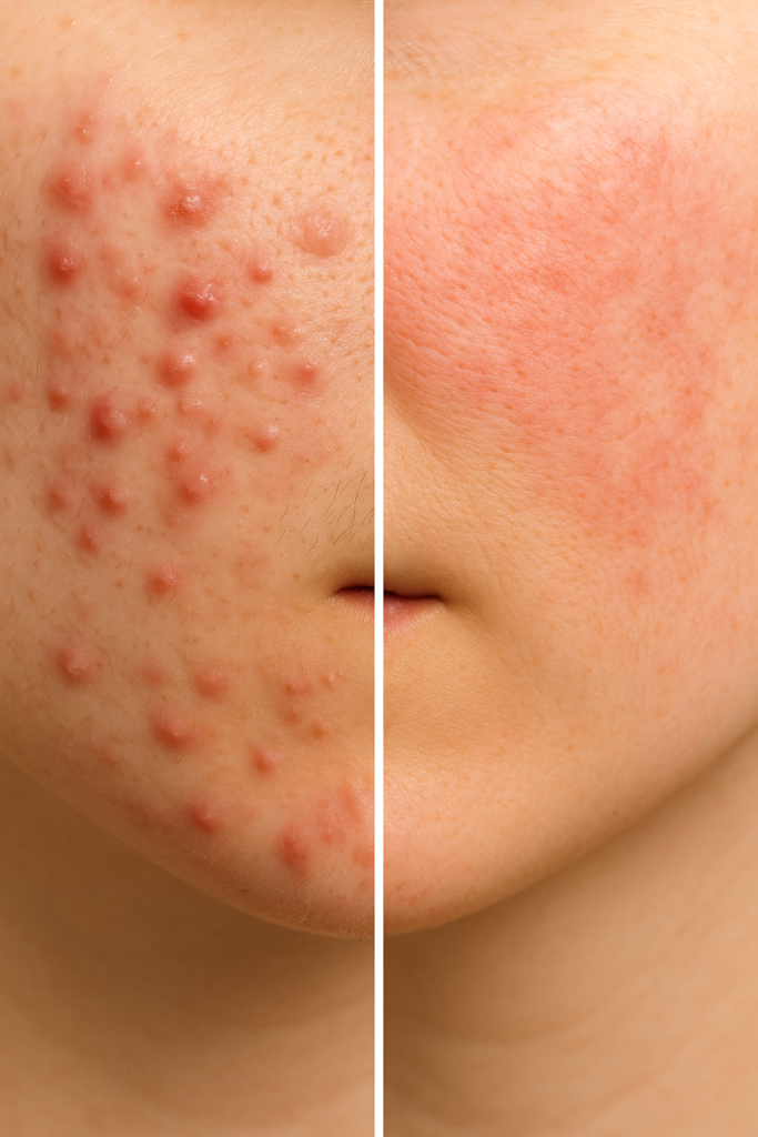 Comparison of acne and rosacea skin close-ups