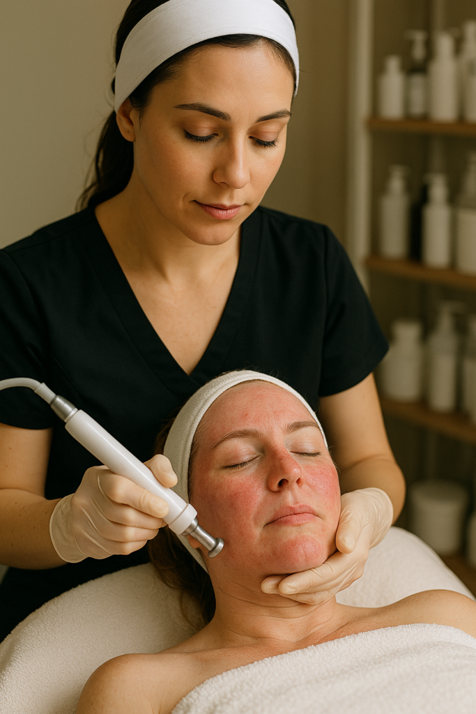 Esthetician treating client with red, irritated skin