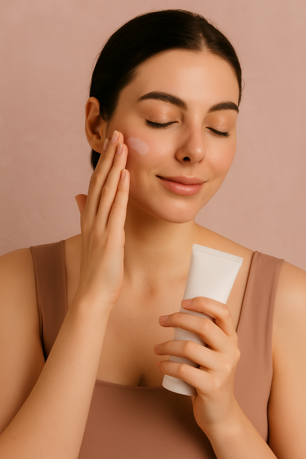 Woman smiling while applying skincare cream at home